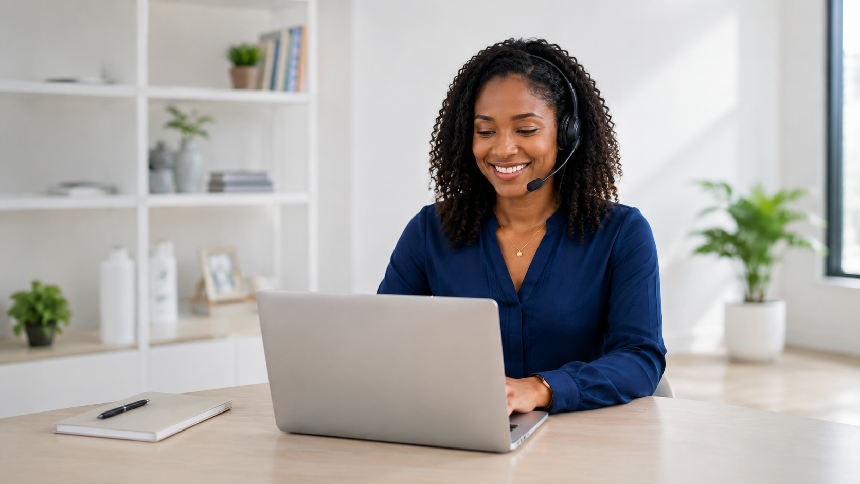 Professional Black virtual assistant wearing a headset and working on a silver laptop in a bright modern office